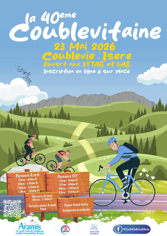 Affiche de la 40e Coublevitaine, 23 mai 2026 : paysage de collines vertes, cyclistes route et VTT, liste des parcours.