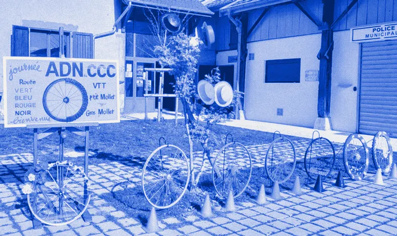 Décor de la journée ADN devant la mairie : un panneau « ADN.CCC » liste les groupes Vert, Bleu, Rouge, Noir, et des roues de vélo peintes de ces couleurs sont plantées dans l'herbe.